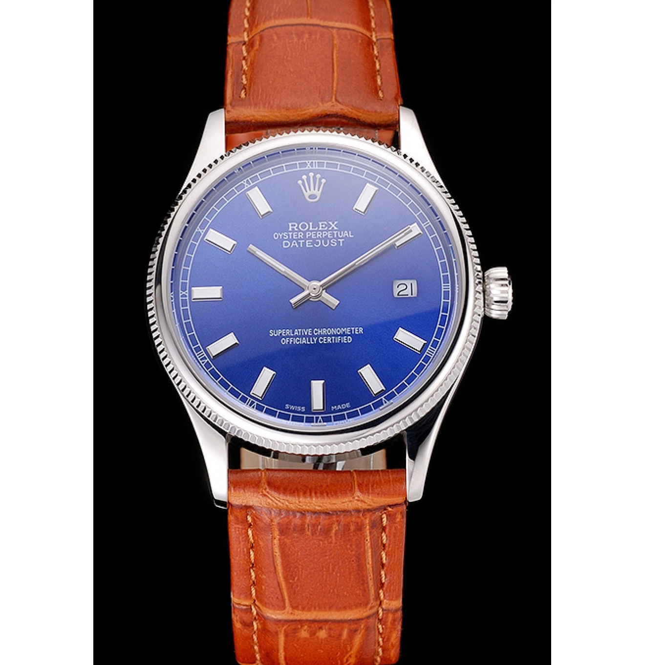 Aaa replica watch Leather Dial Datejust Blue Case Steel Swiss Stainless Light Brown Strap Rolex 0719